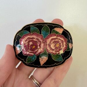 Vintage Cloisonné Enamel Belt Buckle With Floral Rose Pattern